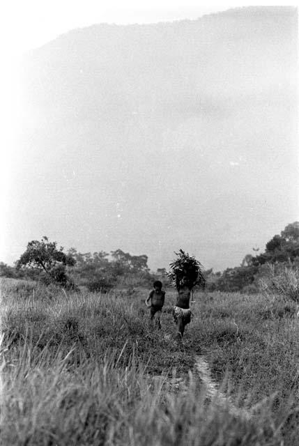 Samuel Putnam negatives, New Guinea; two children walking in the fields along a path