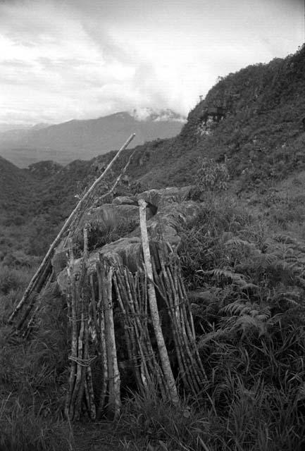 Samuel Putnam negatives, New Guinea; wood leaning against some boulders on the Tukumba