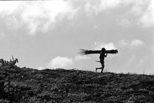 Samuel Putnam negatives, New Guinea; person walking along a ridge carrying things