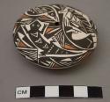 Polychrome seed pot with mimbres-style designs: lizard, bird, insect, Kokopelli; signed P. Iule / Acoma, N. M.