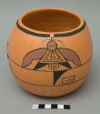 Hopi pot with design of two moths; signed Rosalie Honeyestewa Hopi and separately the letters "R" and "h" linked