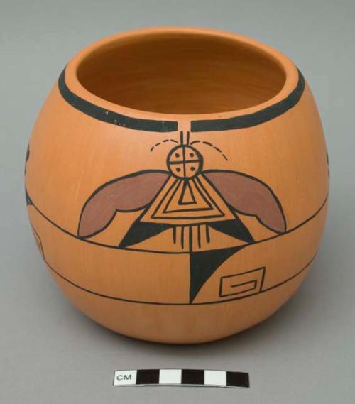 Hopi pot with design of two moths; signed Rosalie Honeyestewa Hopi and separately the letters "R" and "h" linked