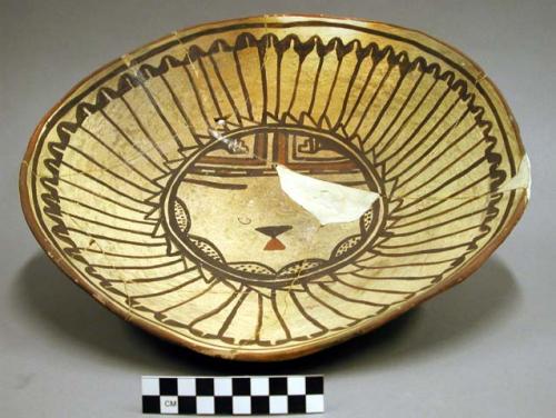 Ceramic bowl, basket impressed base, polychrome kachina interior, mended