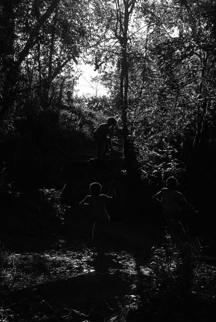 Samuel Putnam negatives, New Guinea; Isile and Okal join other boys and they dash out from the bed of the Elokhere River and up the path
