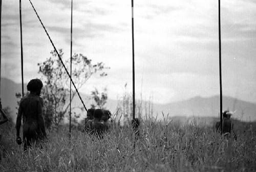 Samuel Putnam negatives, New Guinea; backs of men and boys; spears in air
