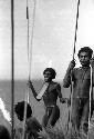 Samuel Putnam negatives, New Guinea; men dancing on the end of the Warabara; about 4 men holding onto their spears