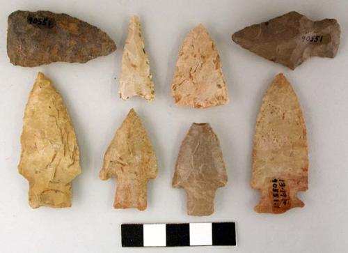 Stone projectile points, 4 stemmed, 3 triangular, 1 side notched