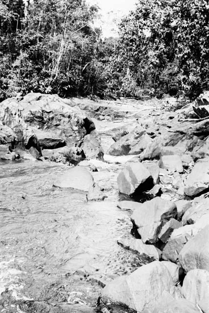 Scenes showing the process of taking korials over the great falls at Towakaima.