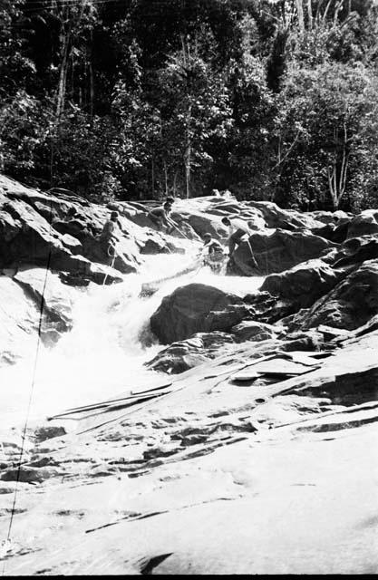 Scenes showing the process of taking korials over the great falls at Towakaima.