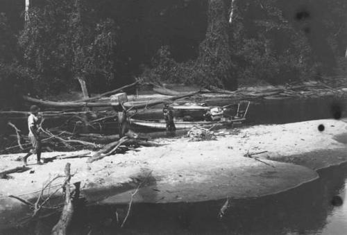 Views of Barama River at low water showing expedition boat in various stages of difficulties