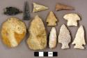 Chipped stone, ovate bifaces, scrapers, drill, projectile points