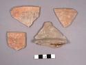 4 simple silhouette red ware sherds from bowls; 1 basal flange sherd;