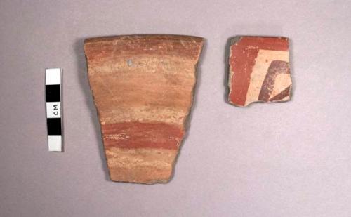 2 red and white on tan rim potsherds