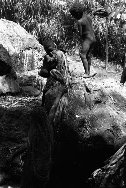 Ilueaima ('Kurelu Salt Well'). women take banana trunk from pool.
