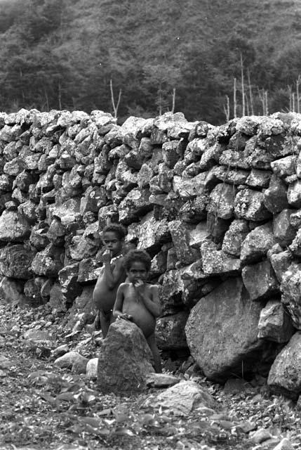 boys by high stone wall.