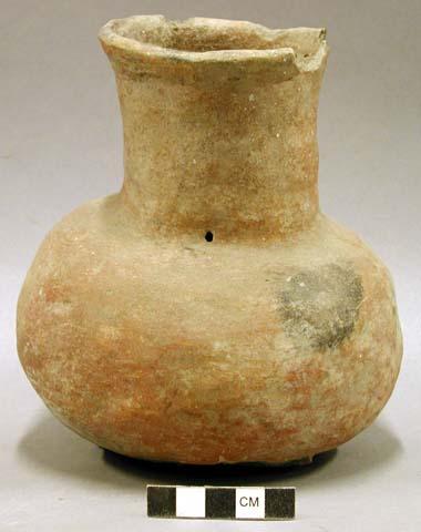 Ceramic vessel , long neck with flared rim, 3 broken feet