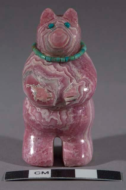 Fetish standing bear of pink, banded stone; turquoise eyes and necklace