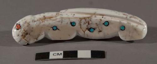 Fetish Mountain Lion? of shell with coral heishi eyes; five turquoise spots on each side