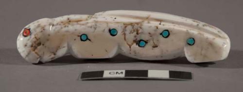 Fetish coyote? of shell with turquoise eyes; four turquoise spots on the left side and seven turquoise spots on the right side