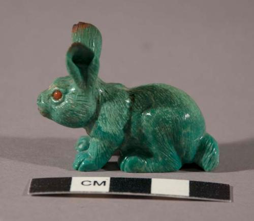 Fetish jack rabbit of turquoise with coral eyes, finely carved