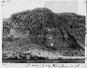 B/W photograph of Northwest face of the Huaca of the Sun with vellum overlay
