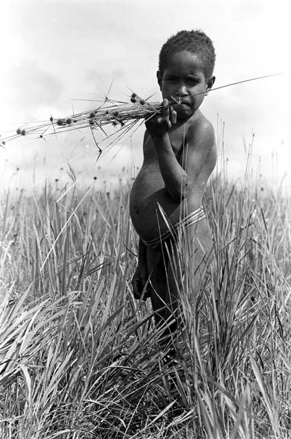 Karl Heider negatives, New Guinea; Milika's son making grass stem toys