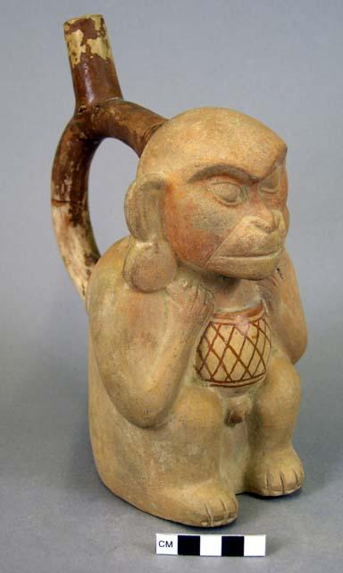 Ceramic bottle, stirrup spout, mended, animal effigy, monkey, molded face & arms