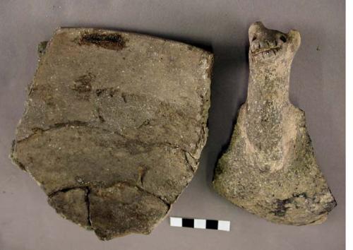 Ceramic rim and body sherds, plain, effigy, mended