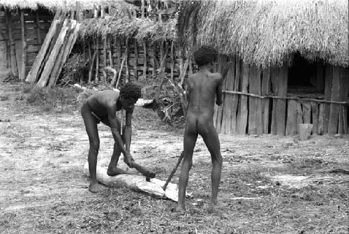 Boys splitting wood