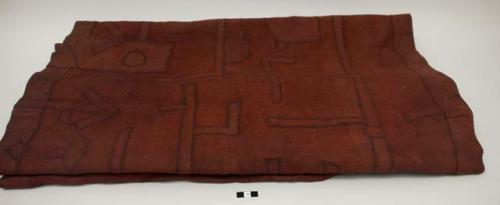 Kuba Bushoongo skirt, early example. Staining throughout; approximately nine holes. Blank panel at end has minor tears in fabric. Second panel from the end has two larger holes.