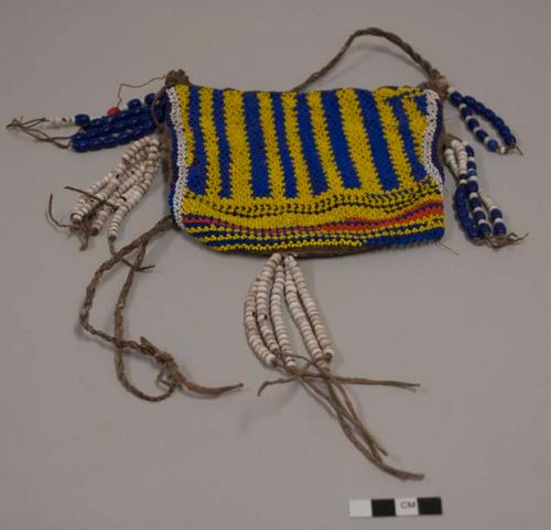 Medium leather bag with attached beaded panel. Beaded panel has dark blue and yellow vertical bands, horizontal bands of yellow and black chevrons, blue and orange; white edging. Pendant strings of large white beads, dark blue oval beads, one red oval bead, one mother of pearl button; long twisted leather strap