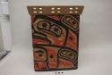 Covered bent-wood box with carved and painted design; water damage, separating at joins; "simonson 1977"