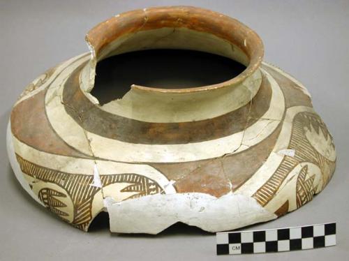 Ceramic partial jar, polychrome ext, flared rim, reconstructed, 1 sherd inside