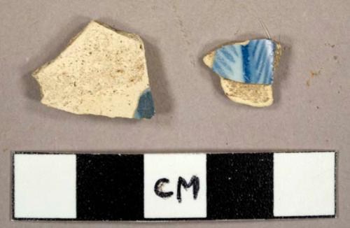 Tin glazed earthenware sherds with blue on white handpainted glaze