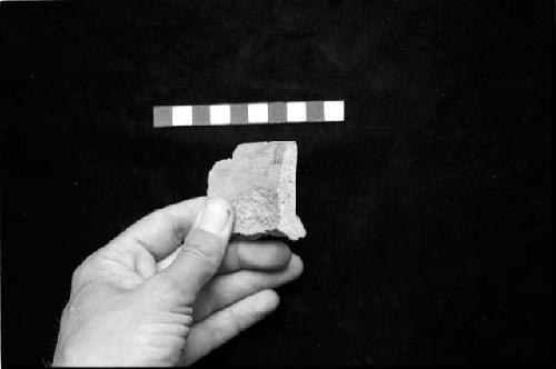 Slightly everted medium neck sherd with neck/shoulder applique rib with punctates from Site 128