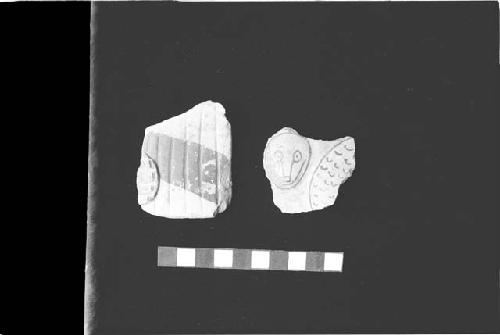 Pan pipe sherd from Site 73, and sherd with face drawing from Site 128