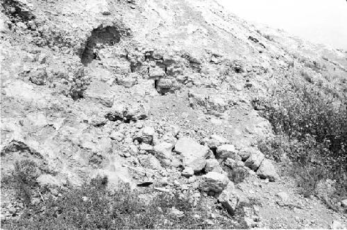 Cane-marked adobe masonry in southwest corner of huaca at Site 124