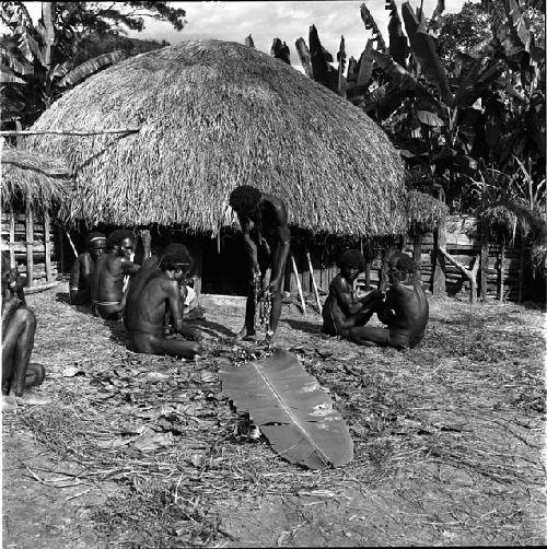 Weaklekek and other men watch as Asikanilep spreads the nyeraken aré out on a banana leaf in front of the honai; Abukulmo during Eak's funeral