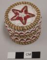 Birchbark box with red and white porcupine quill decoration; signed Lima Jacko, Wikwemikong Ont.