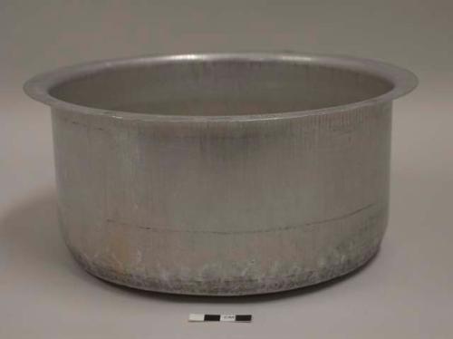 Aluminum cooking pot, round, everted rim; seventh of nesting set of 12 pots with lids