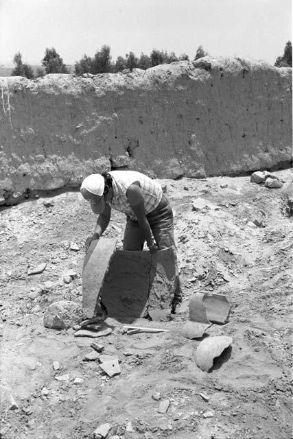 Giant ceramic sherds, vessel neck and perforated sherd at Site 146, with Feature 18 in background