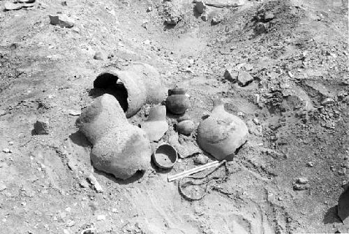 Large vessel fragments, gourd bowl, small ollas, mat fragments and braided rope in south cemetery at Site 146