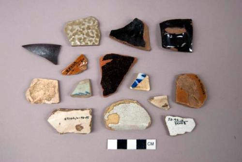 Ceramic, coarse and refined earthenware, glazed redware, whiteware, tin glazed, porcelain, and bellarmine stoneware body, rim, and base sherds