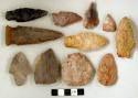 Chipped stone, ovate bifaces, biface fragments, perforator, unifaces, chipping debris; stemmed, side-notched, corner-notched, and ovate projectile points