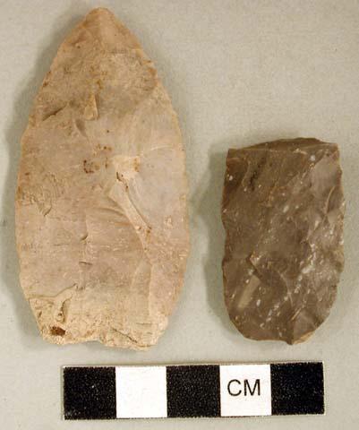 Chipped stone, projectile point, ovate; chipped stone, biface fragment