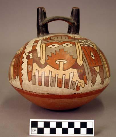 Double spout bottle painted with two avian "anthropomorphic mythical beings