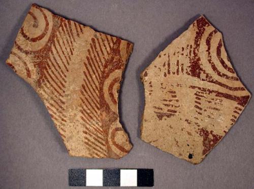 Ceramic body sherds, exterior red on buff circular and linear design