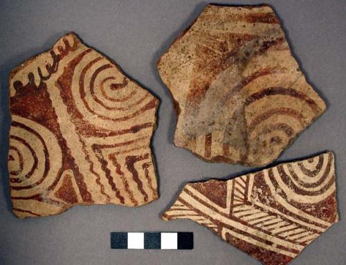 Ceramic body sherds, exterior red on buff circular and linear design