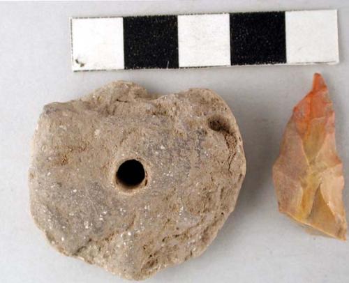 Ceramic disk with hole; Projectile point fragment