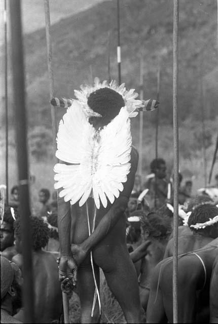 Taken during the men's dance at an Etai: man with a backpiece of white feathers